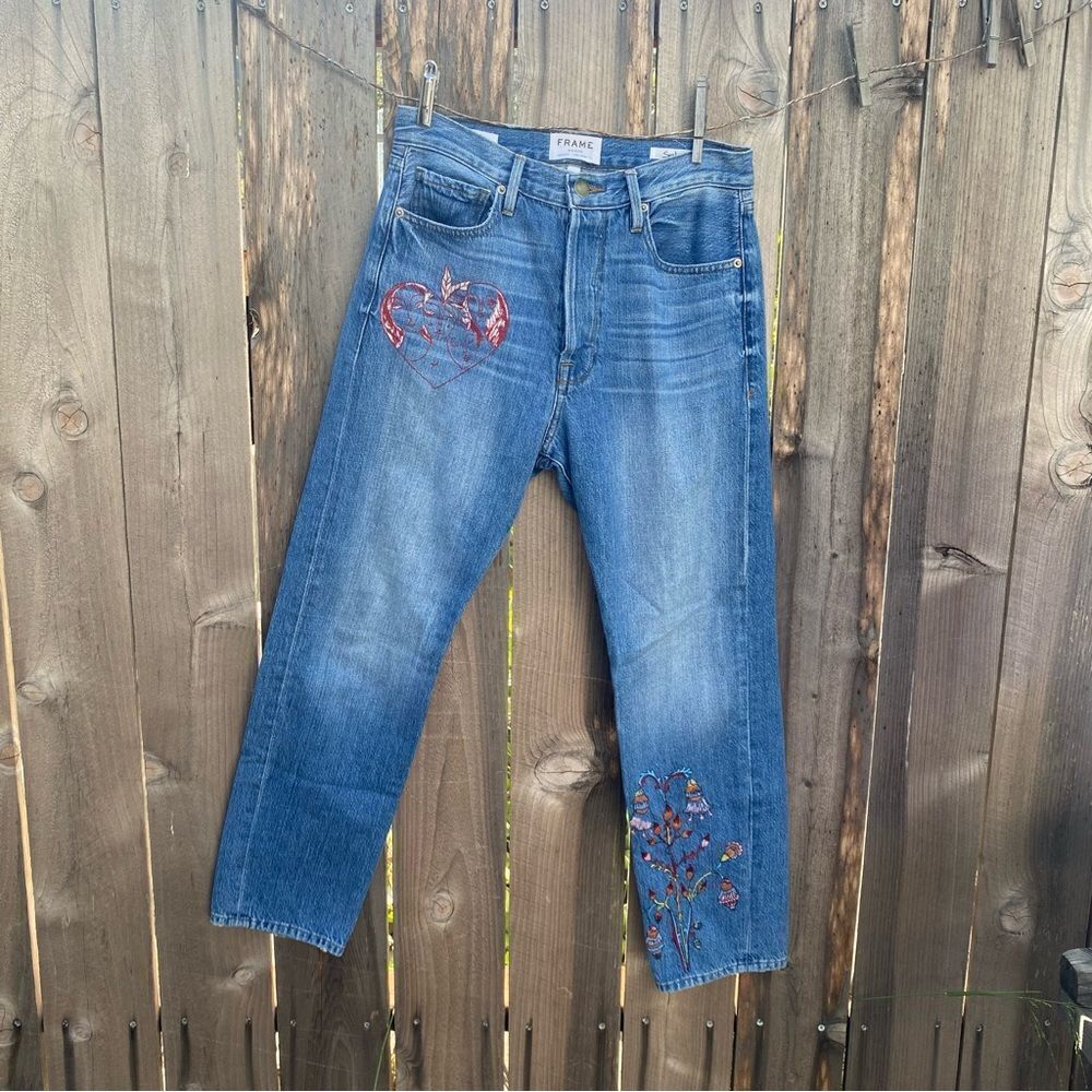 Frame Boyfriend Jeans Women's Size 25 Blue Denim Sasha Embroidered Cotton 6400